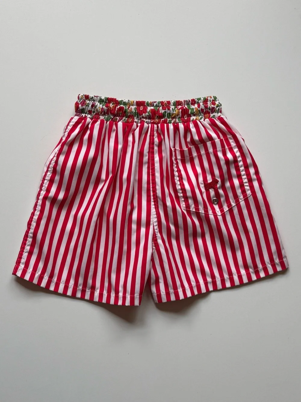 Sal & Pimenta Boys Swim Trunks - Red Stripes Liberty Floral Waistband - Size 10